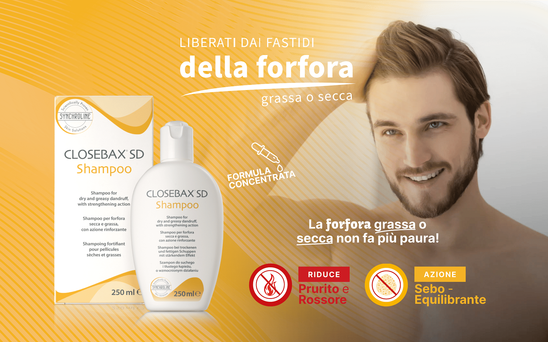 Shampoo Closebax SD per forfora secca e grassa, con formula concentrata per ridurre prurito e rossore, con azione sebo-equilibrante