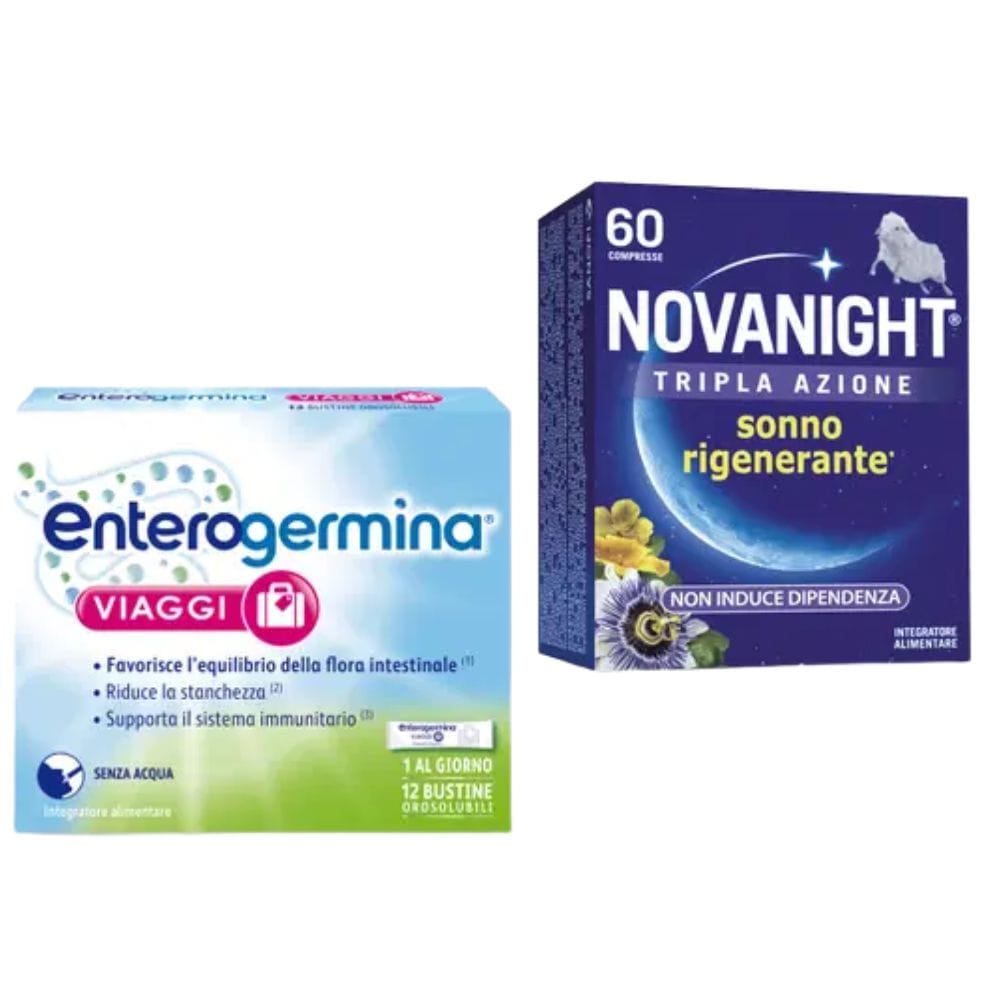 Enterogermina Viaggi 12 Bustine + Novanight Tripla Azione 60 Compresse – Benessere in Viaggio e Sonno Rigenerante