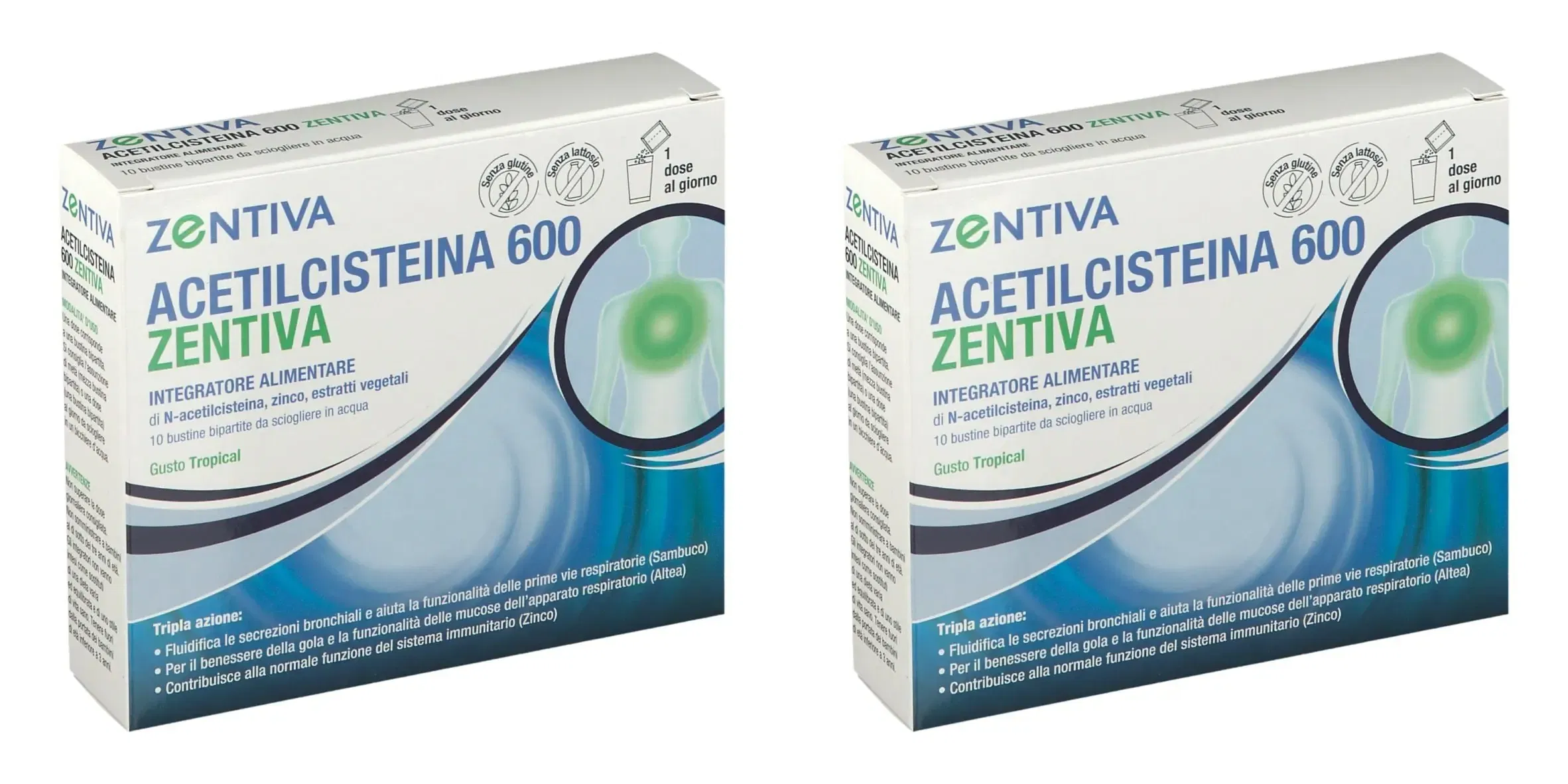 ACETILCISTEINA 600 ZENTIVA 10 BUSTINE BIPARTITE GUSTO TROPICAL Pack da 2