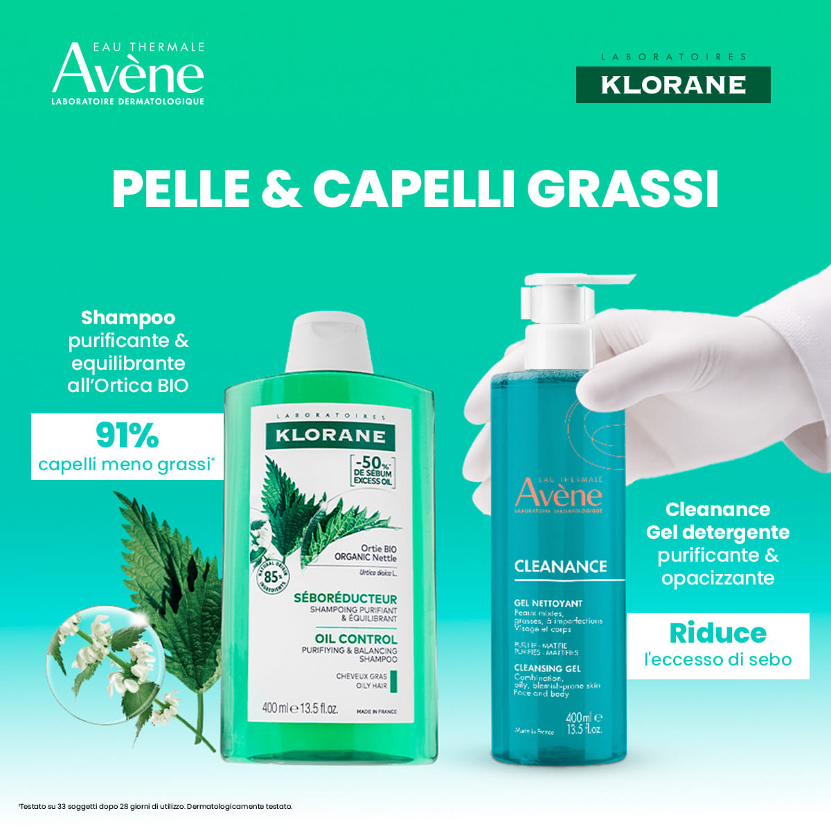  KIT Seboriduttore Avène Gel detergente viso & corpo Cleanance + Klorane Shampoo all'Ortica BIO: pelle e capelli grassi 