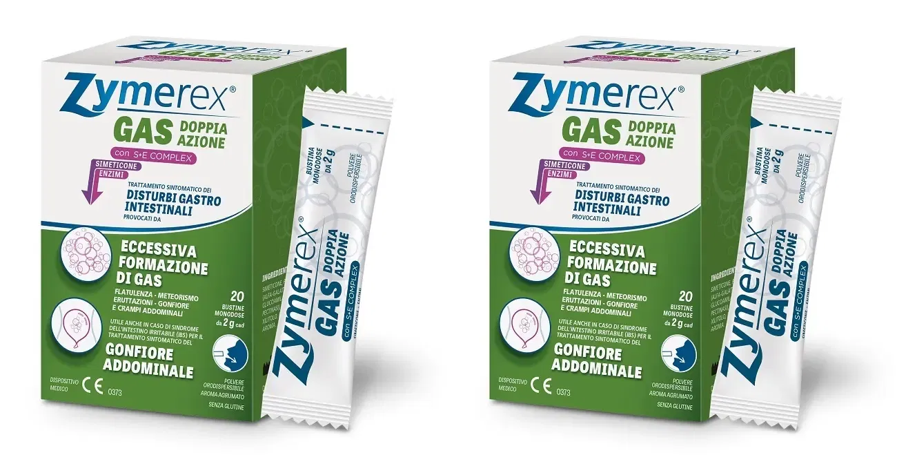 ZYMEREX GONFIORE GAS DOPPIA AZIONE CON S+E COMPLEX 20 BUSTINE MONODOSE DA 2 G Pack da 2