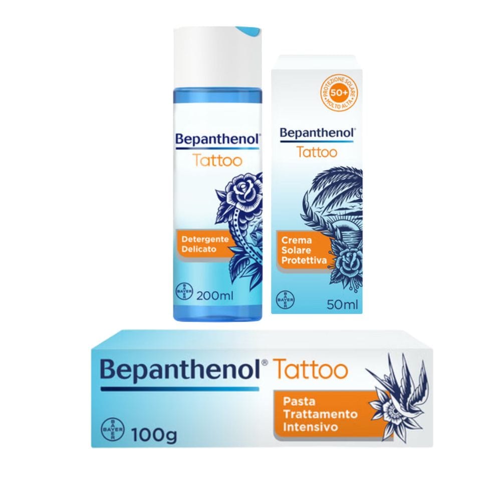 Bepanthenol Tattoo Kit Completo con Pasta Trattamento Intensivo, Detergente Delicato e Crema Solare SPF50+
