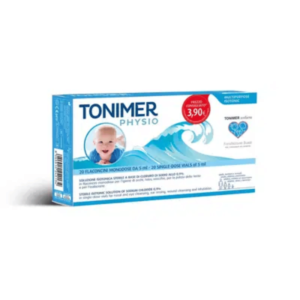 TONIMER PHYSIO MONODOSE SOLUZIONE ISOTONICA MULTIFUNZIONE A BASE DI CLORURO DI SODIO 0,9% 20 FLACONCINI 5 ML Pack X2