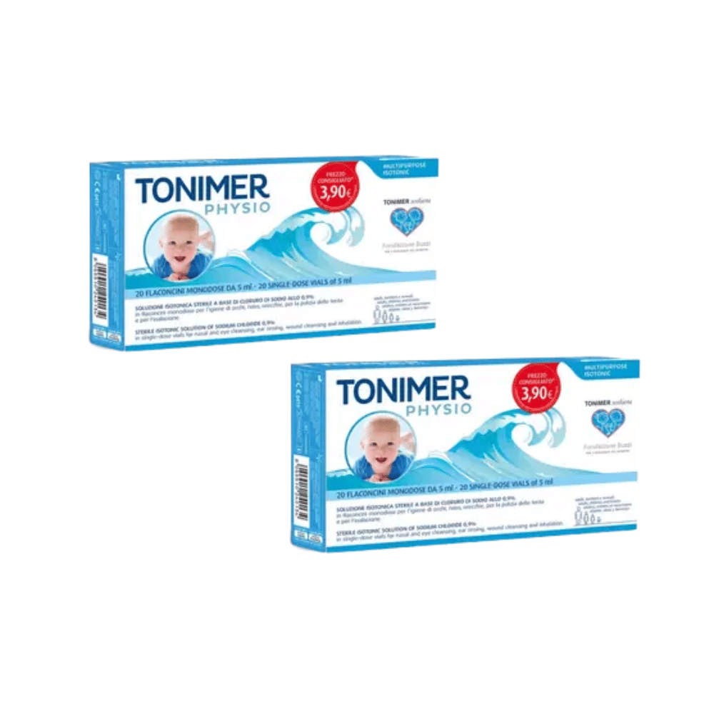 TONIMER PHYSIO MONODOSE SOLUZIONE ISOTONICA MULTIFUNZIONE A BASE DI CLORURO DI SODIO 0,9% 20 FLACONCINI 5 ML Pack X2