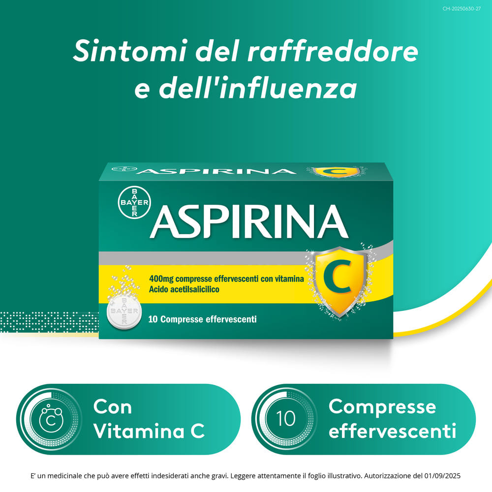 Aspirina C Antinfiammatorio Antidolorifico per Influenza Raffreddore e febbre con Vitamina C, 10 Compresse