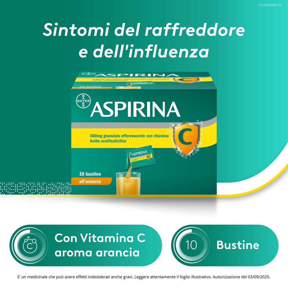 Aspirina C Antinfiammatorio e Antidolorifico per Influenza e Febbre con Vitamina C, 10 Buste Arancia