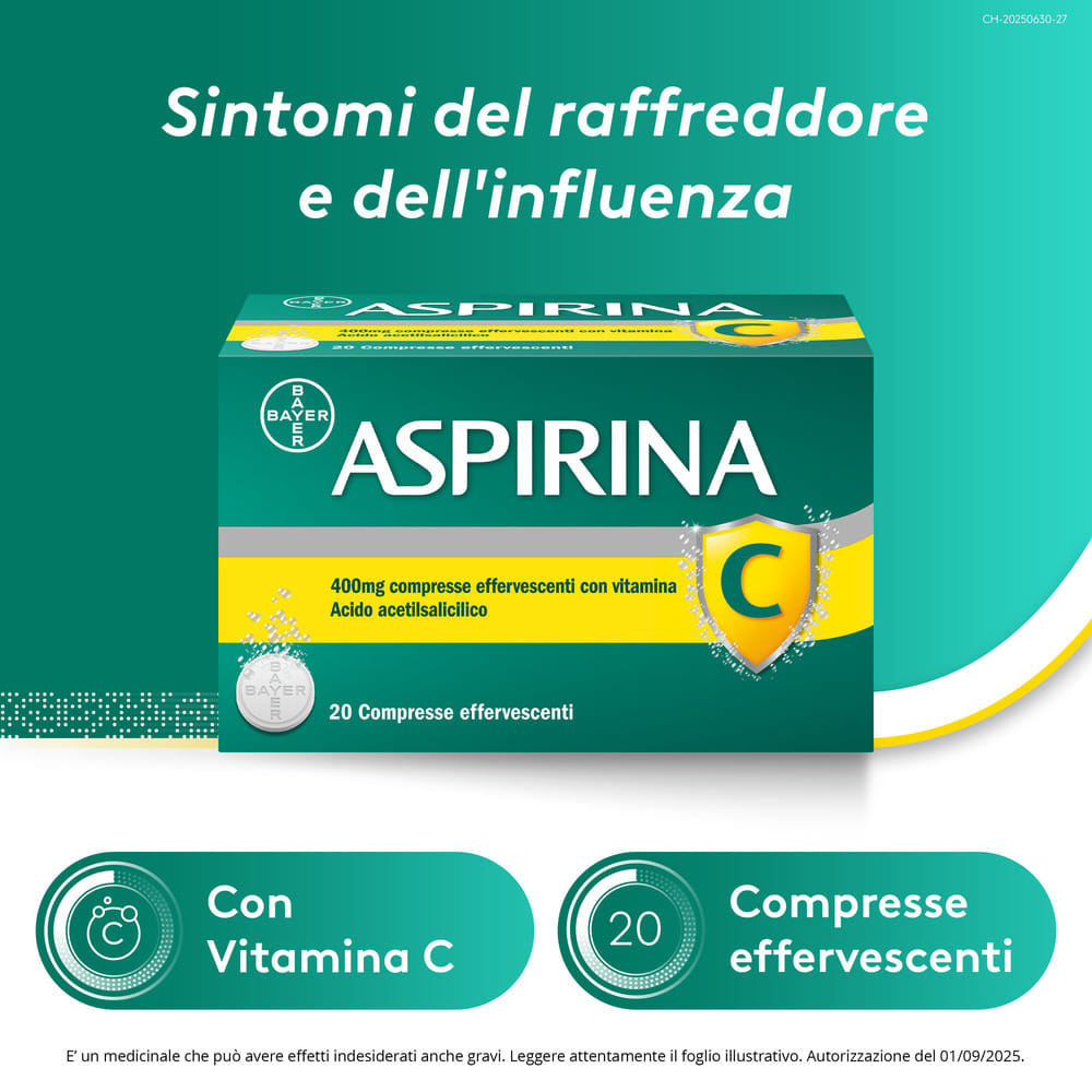 Aspirina C Antinfiammatorio Antidolorifico per Influenza Raffreddore e Febbre con Vitamina C, 20 Compresse