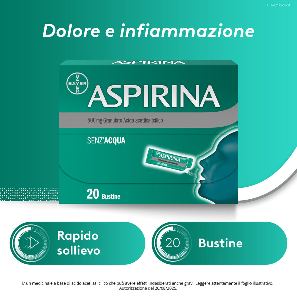 Aspirina in Granuli Senz'Acqua Antidolorifico e Antinfiammatorio contro Mal di Testa e Dolore 20 bustine