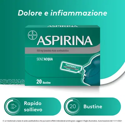 Aspirina in Granuli Senz'Acqua Antidolorifico e Antinfiammatorio contro Mal di Testa e Dolore 20 bustine Aspirina in Granuli Senz'Acqua Antidolorifico e Antinfiammatorio contro Mal di Testa e Dolore 20 bustine