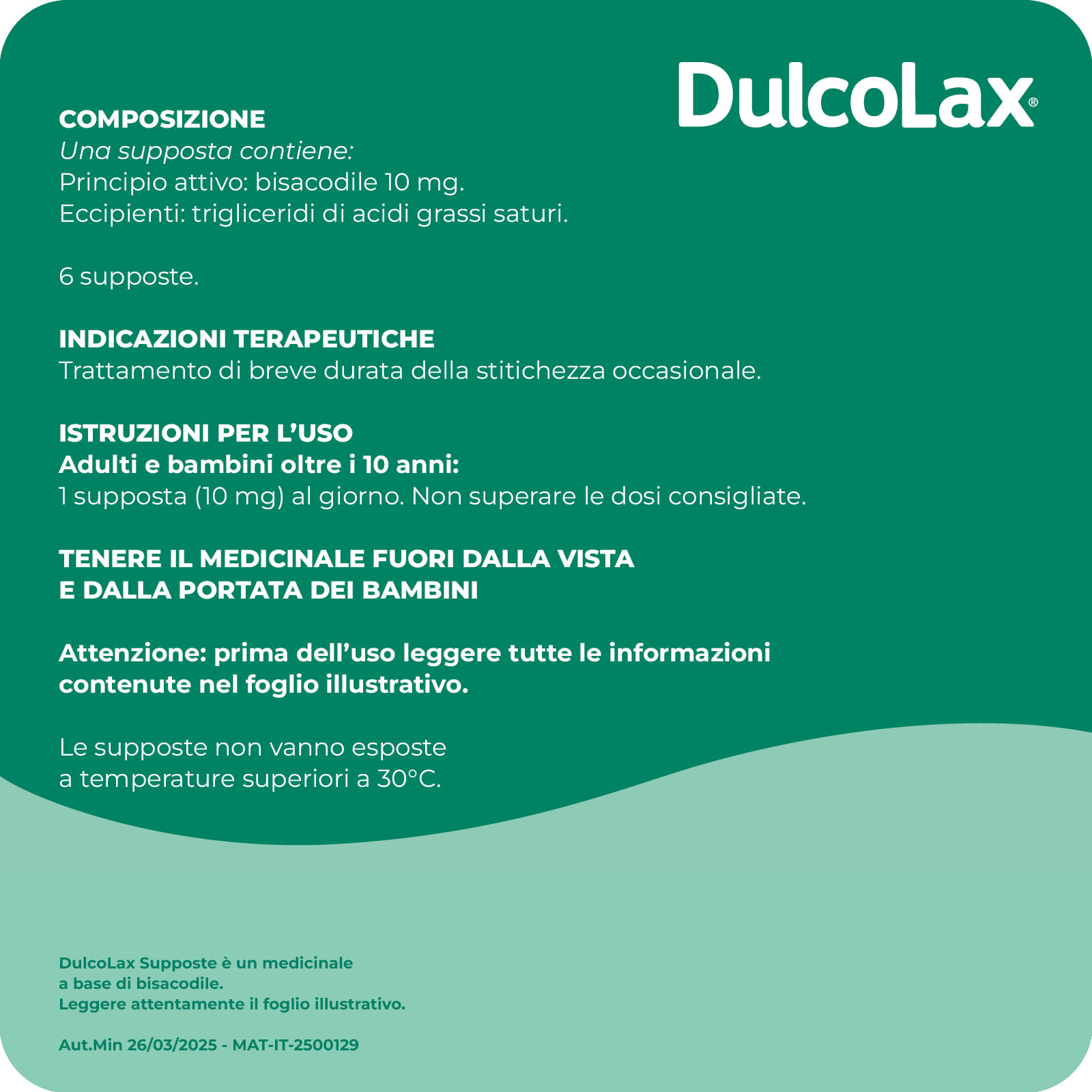 Dulcolax lassativo ad azione rapida contro la stitichezza occasionale, 6 supposte