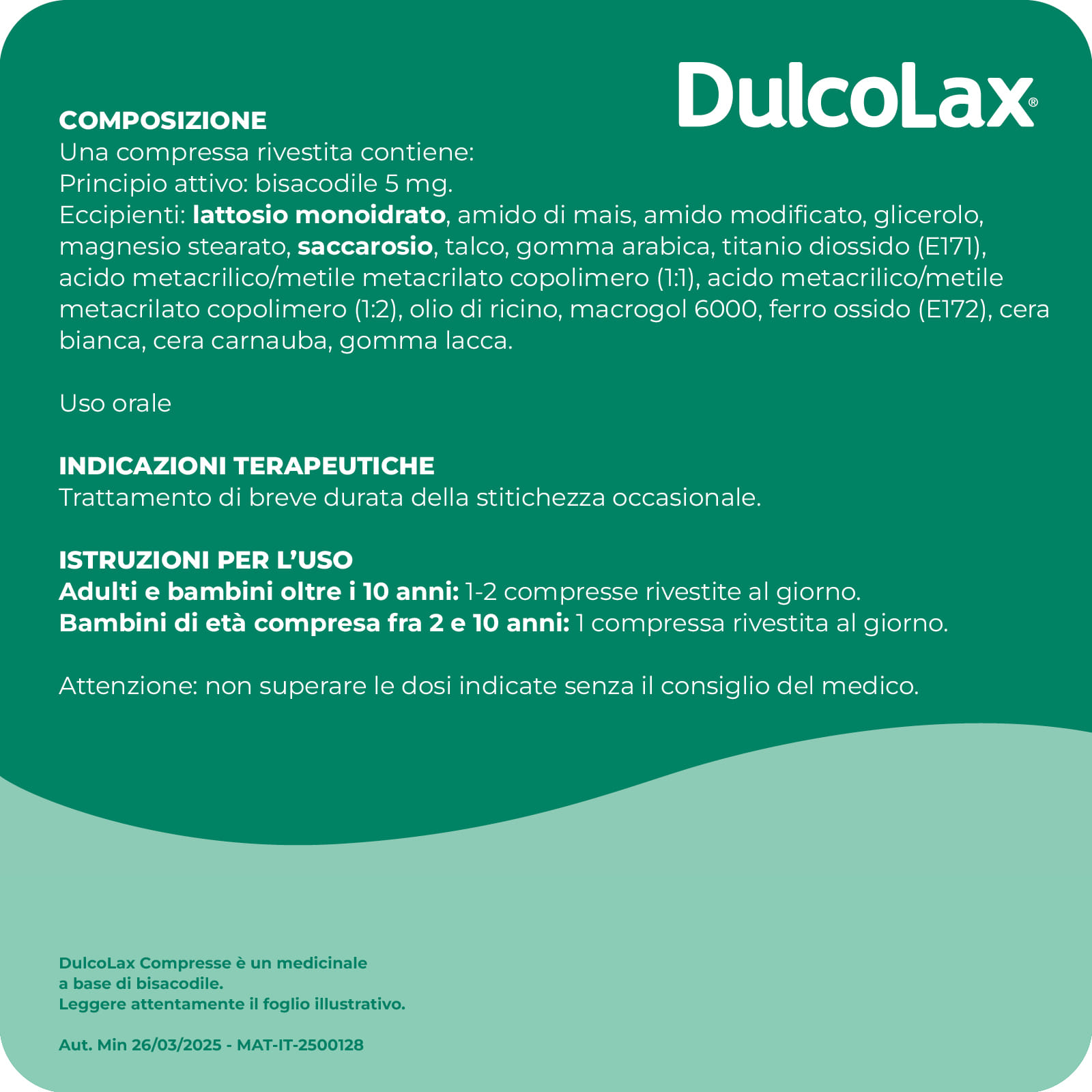 Dulcolax lassativo ad azione rapida contro la stitichezza occasionale, 40 compresse