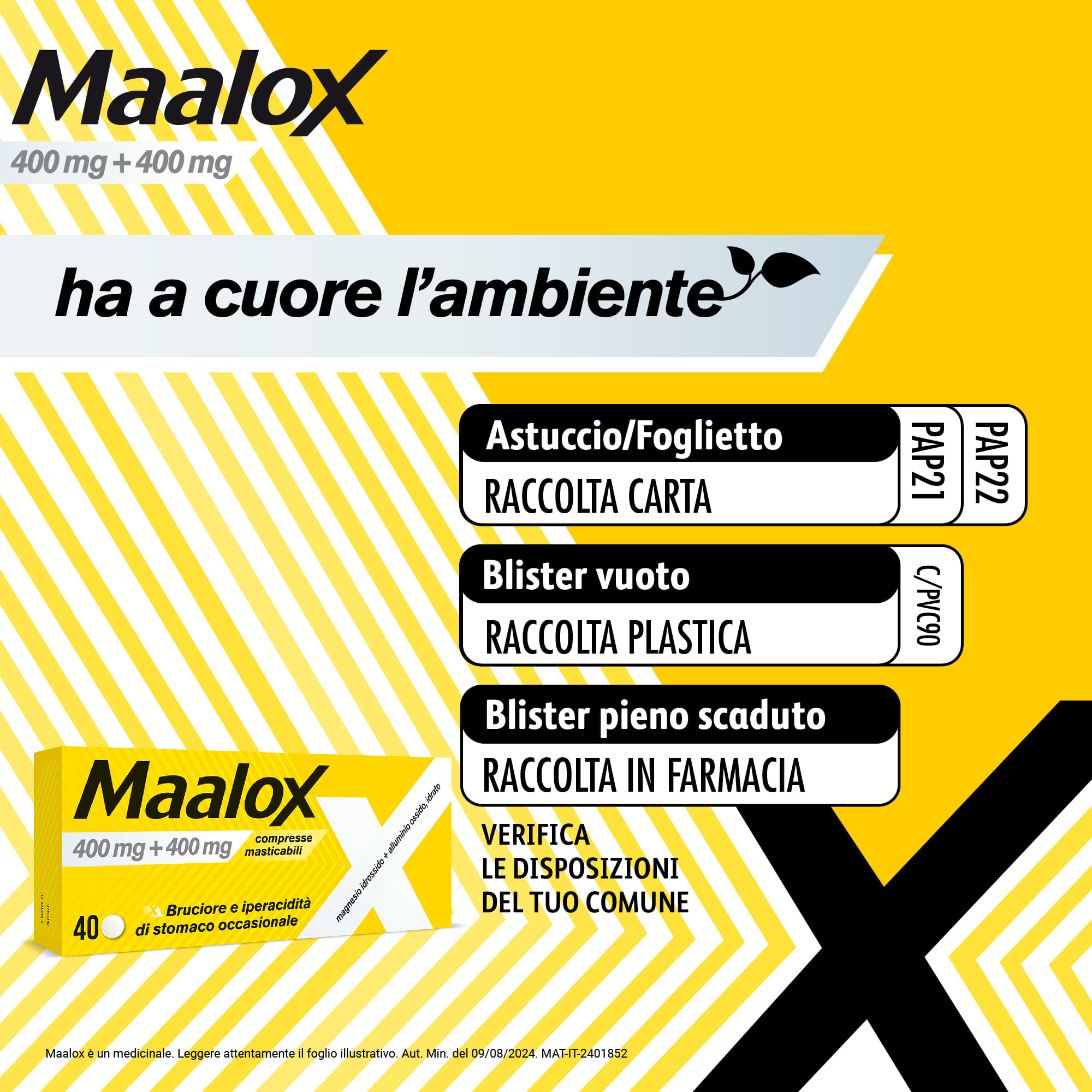 Maalox 400+400 MG, contro acidità di stomaco occasionale, 40 cpr