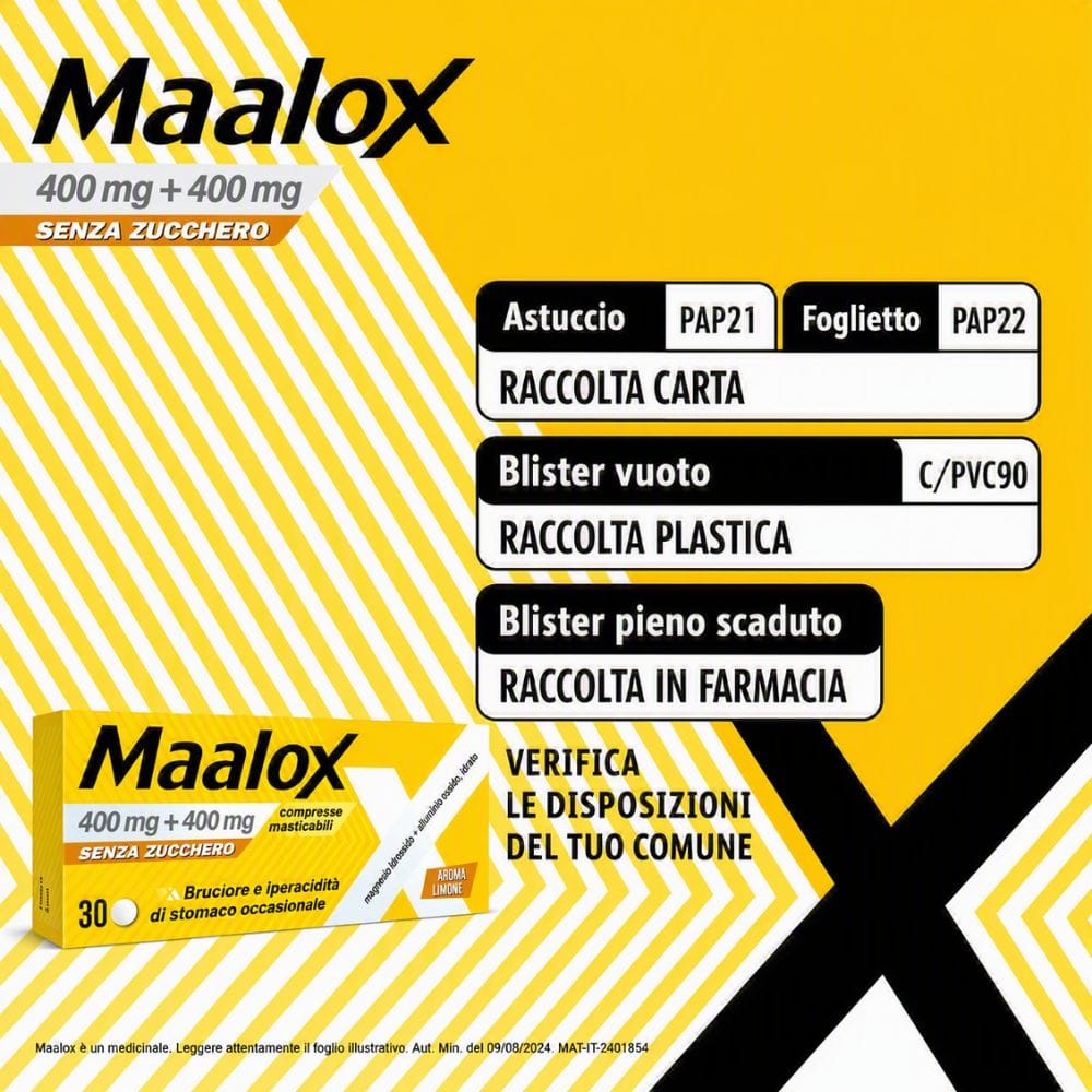 Maalox 400+400 MG, contro acidità di stomaco occasionale, 30 cpr senza zucchero