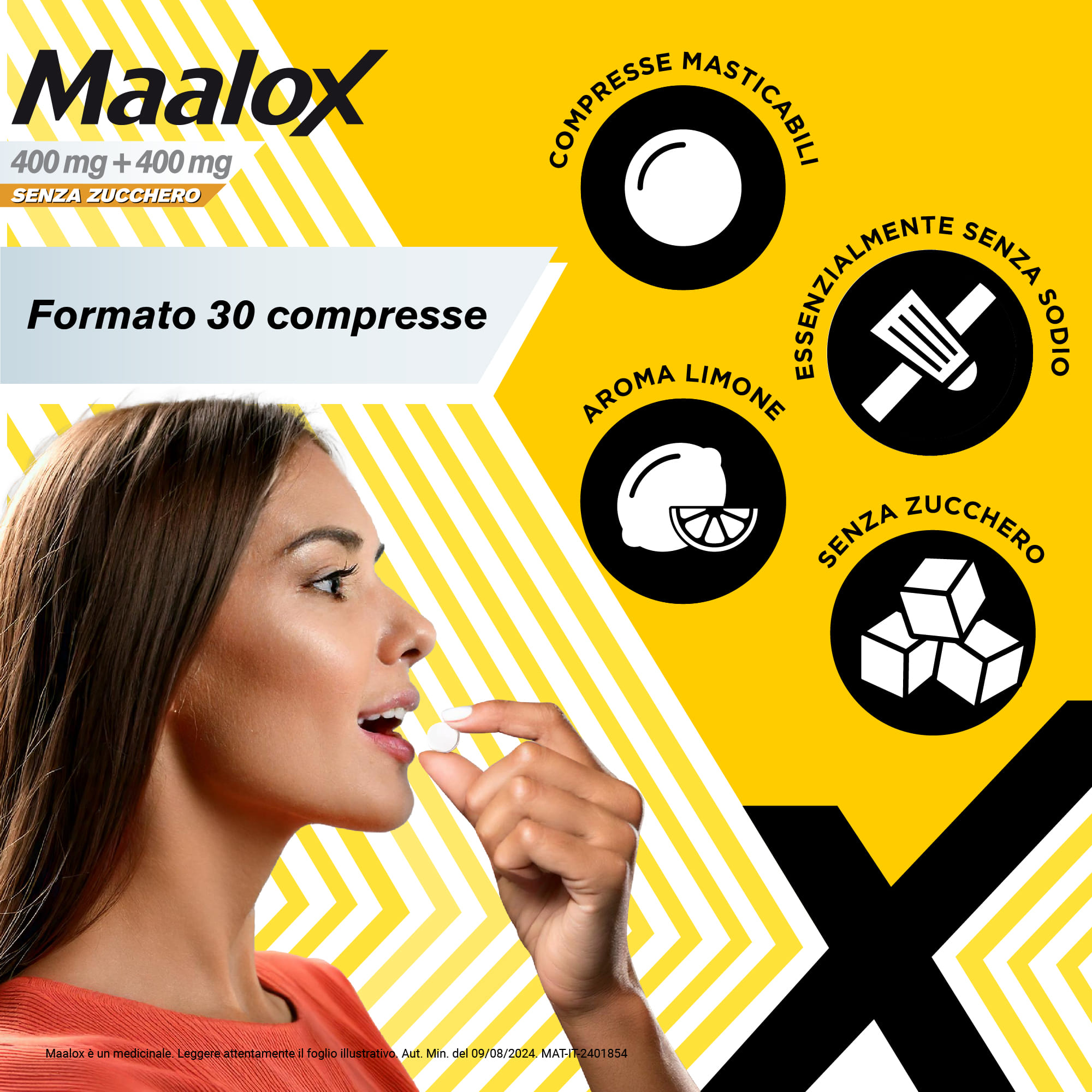 Maalox 400+400 MG, contro acidità di stomaco occasionale, 30 cpr senza zucchero