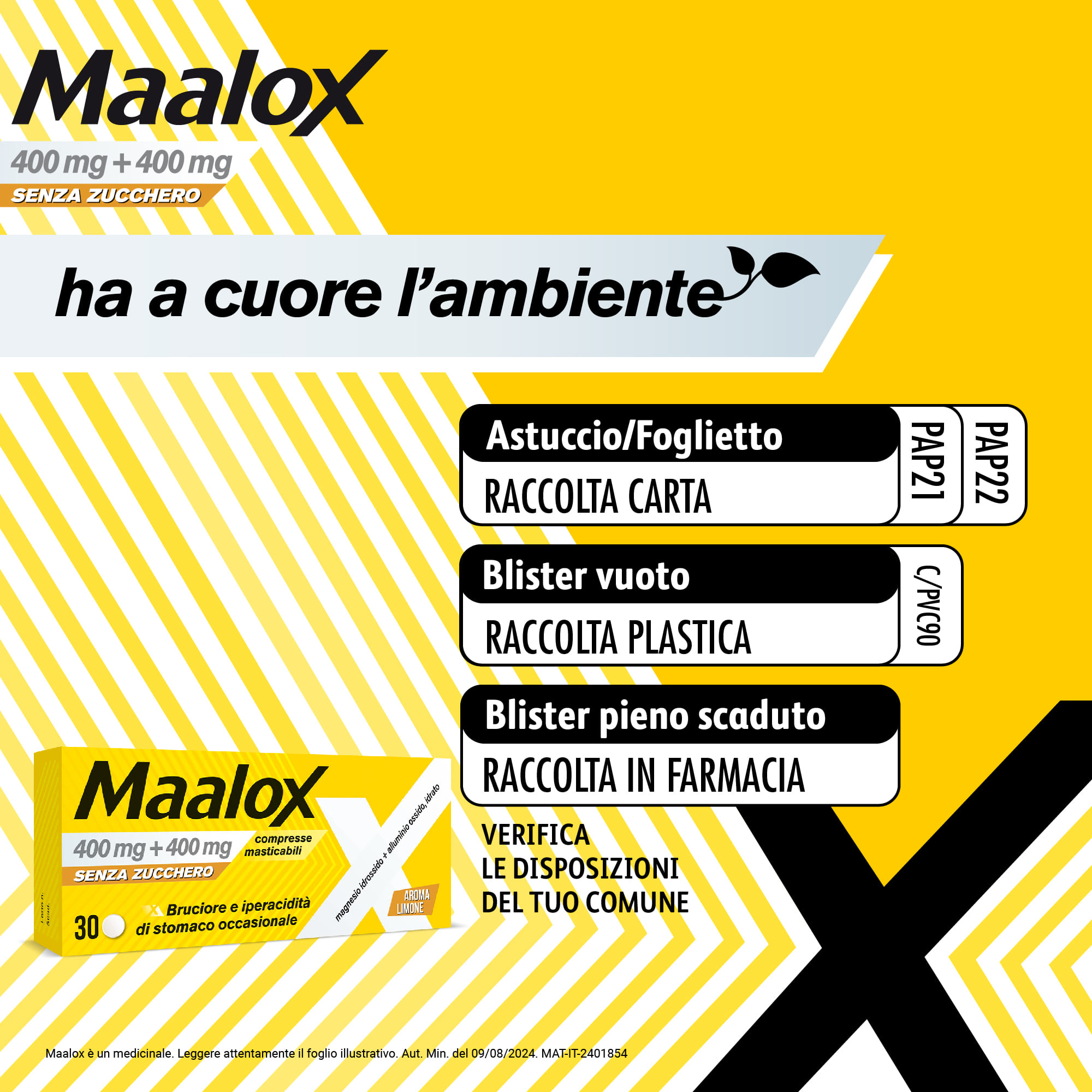 Maalox 400+400 MG, contro acidità di stomaco occasionale, 30 cpr senza zucchero