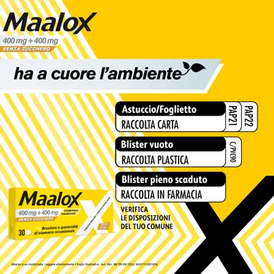 Maalox 400+400 MG, contro acidità di stomaco occasionale, 30 cpr senza zucchero Maalox 400+400 MG, contro acidità di stomaco occasionale, 30 cpr senza zucchero