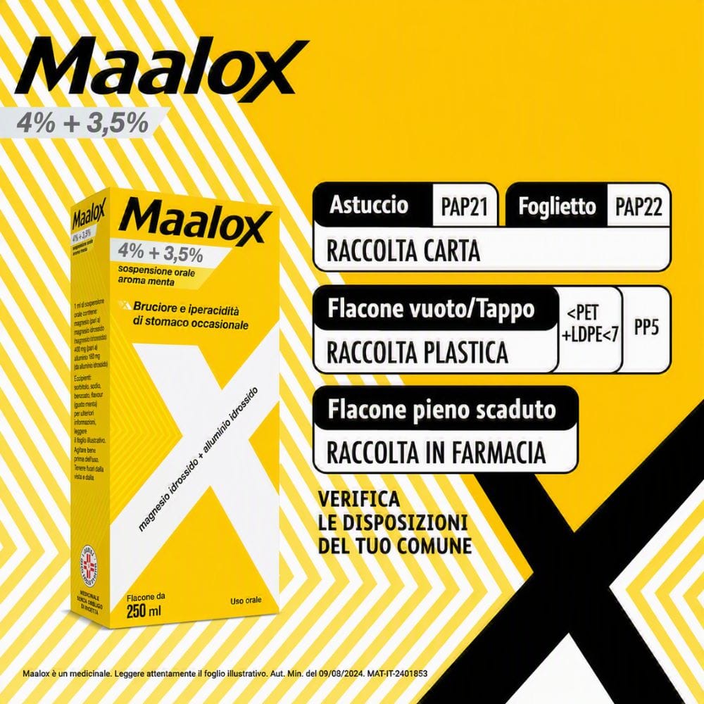 Maalox 400+400 sospensione orale, contro acidità di stomaco occasionale, 250 ml