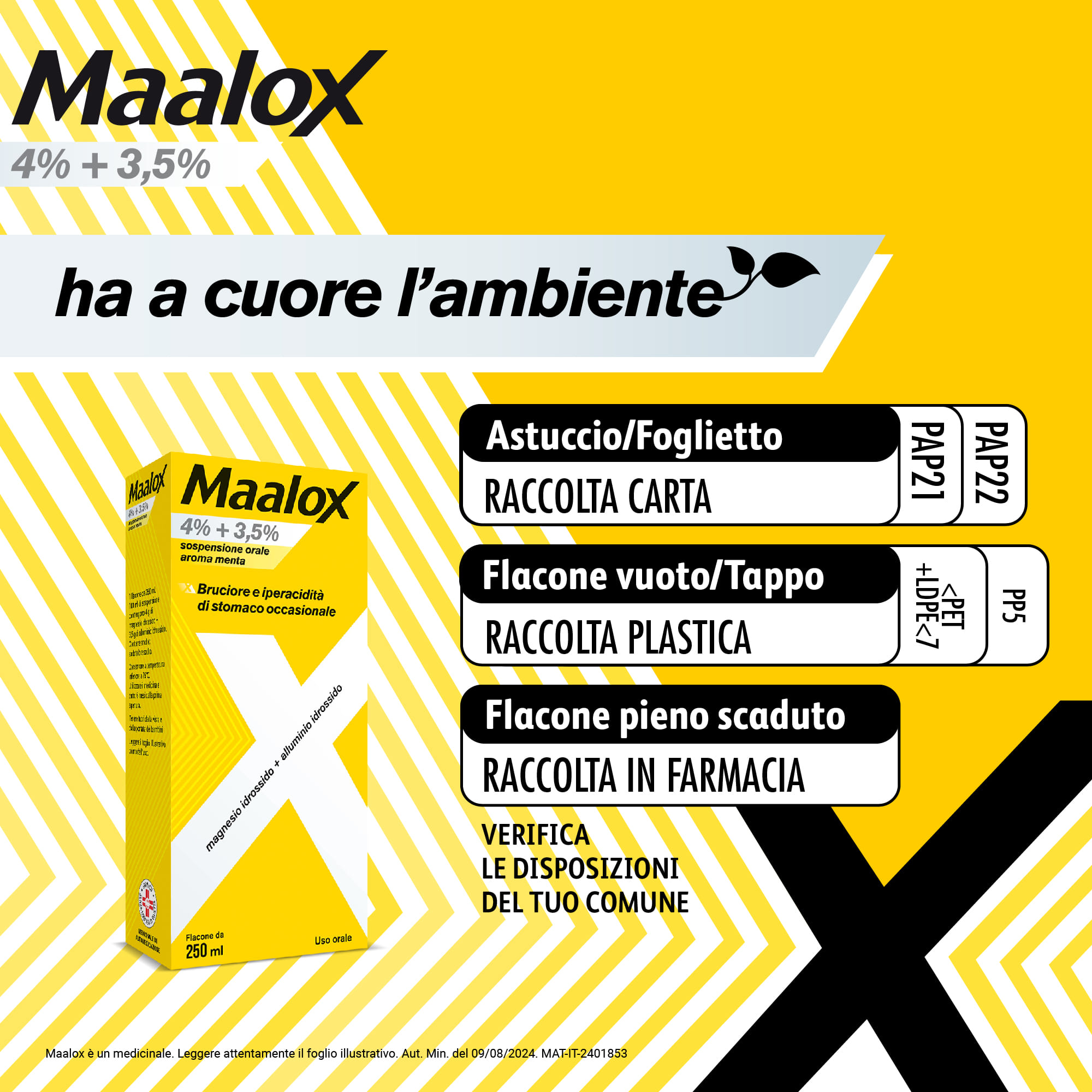 Maalox 400+400 sospensione orale, contro acidità di stomaco occasionale, 250 ml