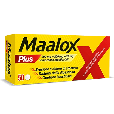 Maalox Plus azione rapida contro bruciore e acidità di stomaco, 50 cpr