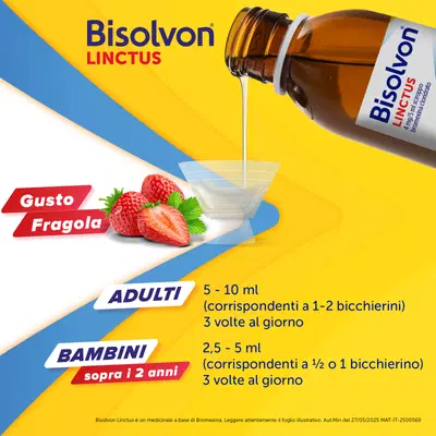 Bisolvon Linctus Sciroppo Mucolitico per Catarro e Tosse Grassa, Gusto Fragola (200 ml) Bisolvon Linctus Sciroppo Mucolitico per Catarro e Tosse Grassa, Gusto Fragola (200 ml)