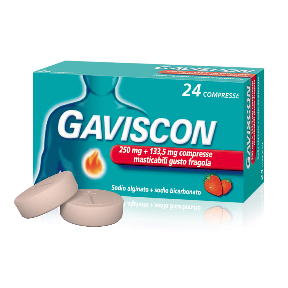 GAVISCON 24 CPR FRAGOLA 250MG + 133,5MG contro sintomi del reflusso gastroesofageo, bruciore e acidità di stomaco