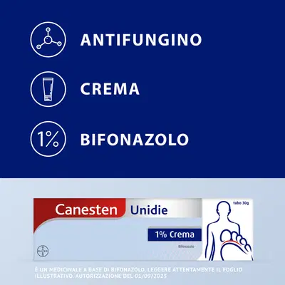Canesten Unidie Crema Antimicotico Antifungino contro Funghi Micosi Piede d'Atleta, Tubo 30g Canesten Unidie Crema Antimicotico Antifungino contro Funghi Micosi Piede d'Atleta, Tubo 30g
