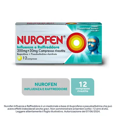 NUROFEN NUROFEN INFLUENZA E RAFFREDDORE 12 compresse rivestite 200 mg + 30 mg NUROFEN NUROFEN INFLUENZA E RAFFREDDORE 12 compresse rivestite 200 mg + 30 mg