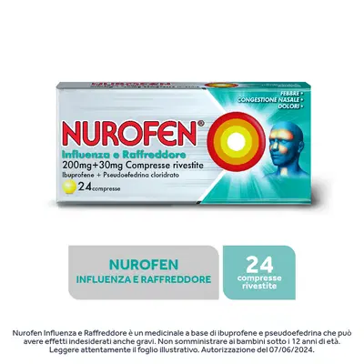 NUROFEN INFLUENZA E RAFFREDDORE 24 compresse rivestite 200 mg + 30 mg NUROFEN INFLUENZA E RAFFREDDORE 24 compresse rivestite 200 mg + 30 mg