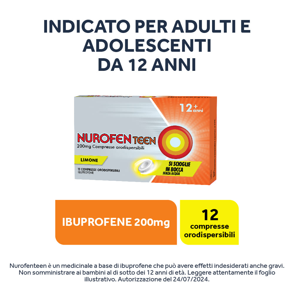NUROFENTEEN LEMON 200MG 12 CPR ibuprofene funzione antinfiammatoria e antidolorifica contro febbre, mal di testa, dolore ai denti e mestruali 