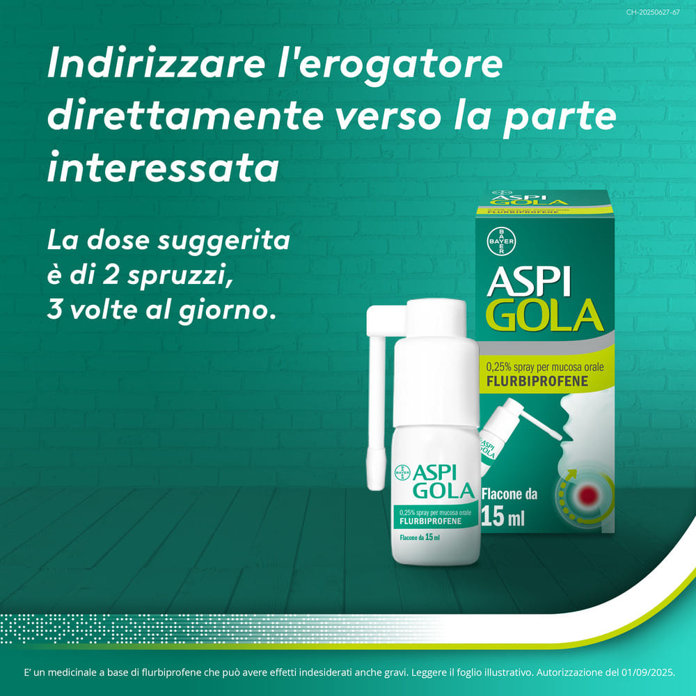 Aspi Gola Spray Antinfiammatorio per Gola Infiammata, Faringite e Mal di gola con Flurbiprofene, Flacone 15ml