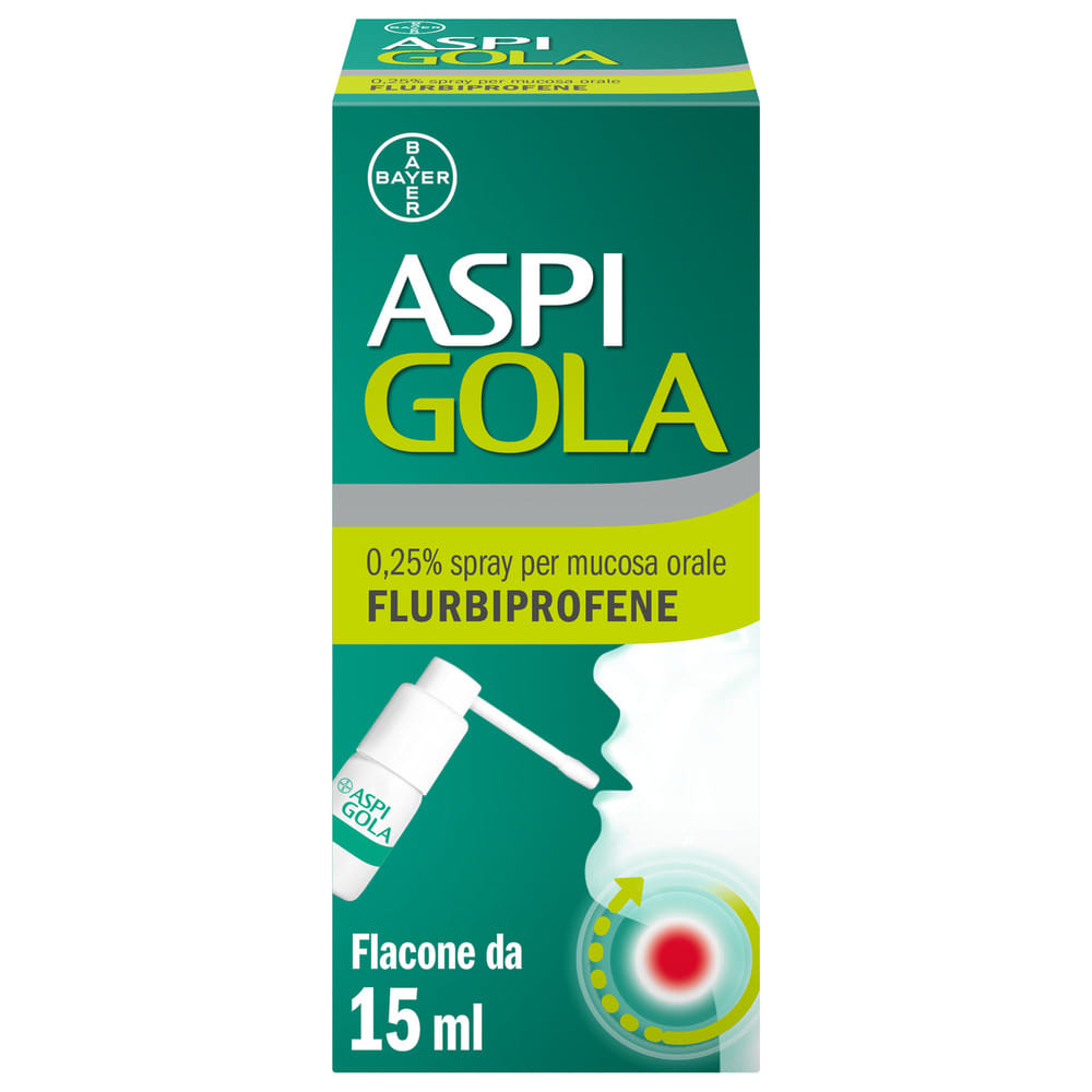 Aspi Gola Spray Antinfiammatorio per Gola Infiammata, Faringite e Mal di gola con Flurbiprofene, Flacone 15ml