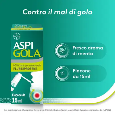 Aspi Gola Spray Antinfiammatorio per Gola Infiammata, Faringite e Mal di gola con Flurbiprofene, Flacone 15ml Aspi Gola Spray Antinfiammatorio per Gola Infiammata, Faringite e Mal di gola con Flurbiprofene, Flacone 15ml