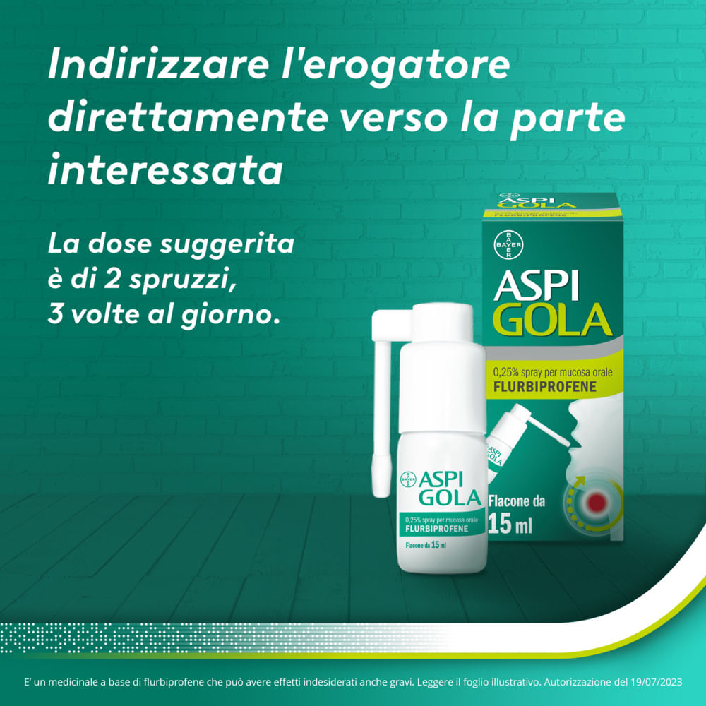 Aspi Gola Spray Antinfiammatorio per Gola Infiammata, Faringite e Mal di gola con Flurbiprofene, Flacone 15ml