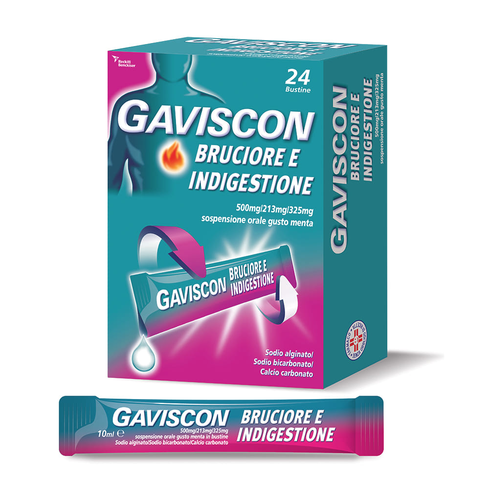 GAVISCON BRUCIORE E INDIGESTIONE 24 BUSTINE 10ML contro sintomi del reflusso gastroesofageo, indigestione, bruciore e acidità di stomaco