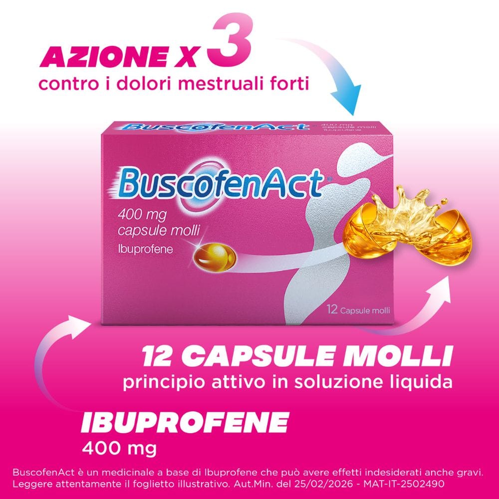 BuscofenAct 12 capsule, ibuprofene contro dolori forti da ciclo