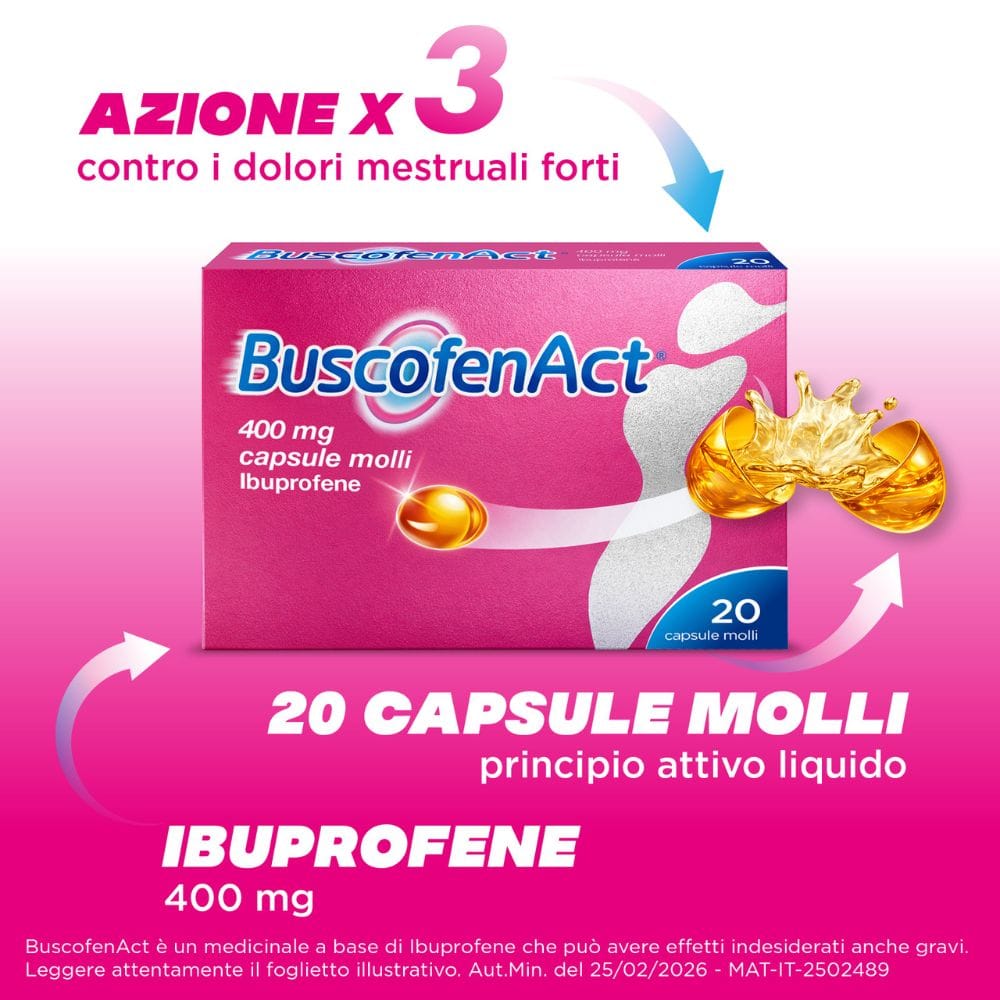 BuscofenAct 20 capsule, ibuprofene contro dolori forti da ciclo