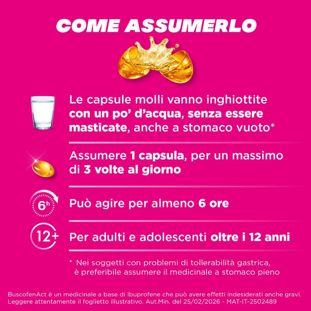 BuscofenAct 20 capsule, ibuprofene contro dolori forti da ciclo