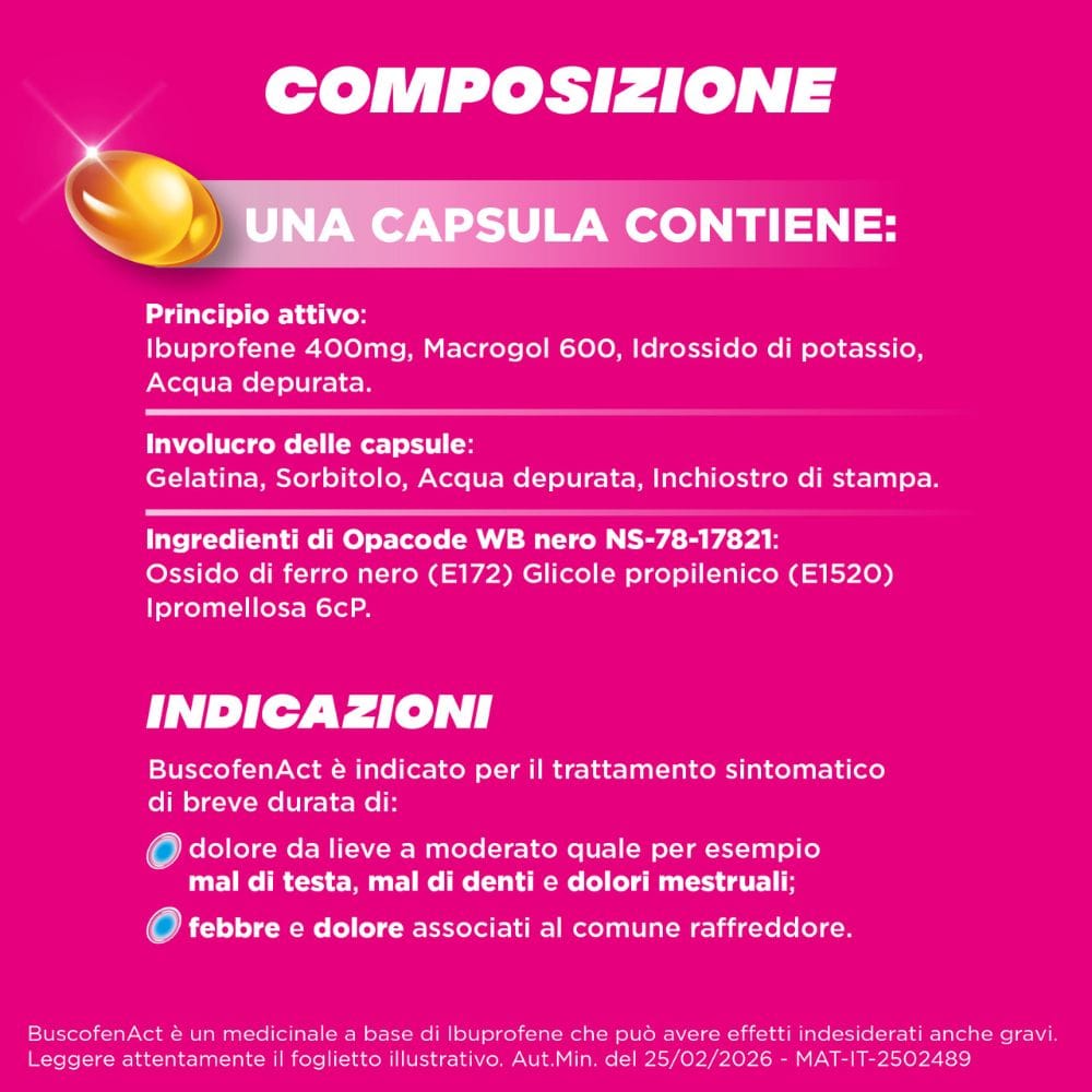 BuscofenAct 20 capsule, ibuprofene contro dolori forti da ciclo