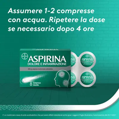 Aspirina Dolore e Infiammazione Antidolorifico Antinfiammatorio per Mal di Testa e Dolori, 8 Compresse Aspirina Dolore e Infiammazione Antidolorifico Antinfiammatorio per Mal di Testa e Dolori, 8 Compresse