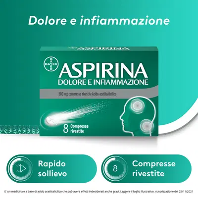 Aspirina Dolore e Infiammazione Antidolorifico Antinfiammatorio per Mal di Testa e Dolori, 8 Compresse Aspirina Dolore e Infiammazione Antidolorifico Antinfiammatorio per Mal di Testa e Dolori, 8 Compresse