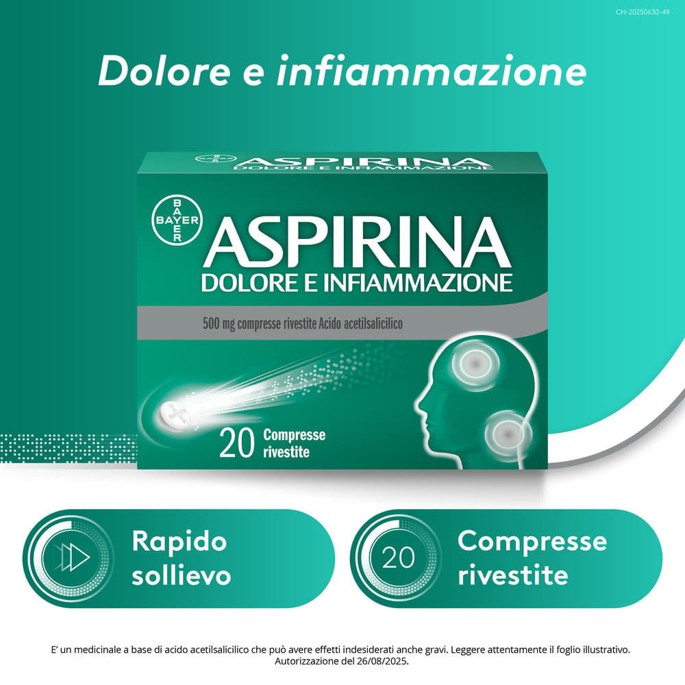 Aspirina Dolore e Infiammazione Antidolorifico Antinfiammatorio per Mal di Testa e Dolori, 20 Compresse