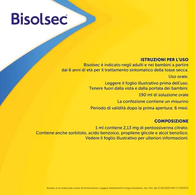 Bisolsec Sciroppo Sedativo per Tosse Secca, Azione Rapida, Adulti e Bambini 6+ Bisolsec Sciroppo Sedativo per Tosse Secca, Azione Rapida, Adulti e Bambini 6+