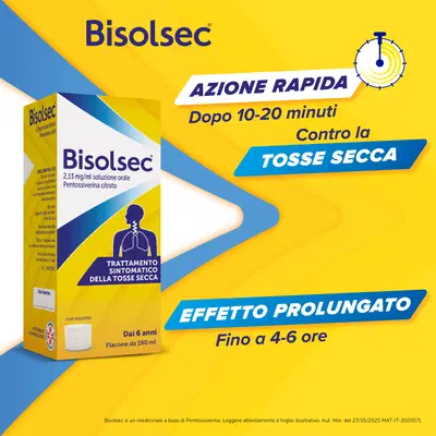 Bisolsec Sciroppo Sedativo per Tosse Secca, Azione Rapida, Adulti e Bambini 6+ Bisolsec Sciroppo Sedativo per Tosse Secca, Azione Rapida, Adulti e Bambini 6+