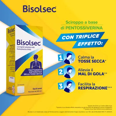Bisolsec Sciroppo Sedativo per Tosse Secca, Azione Rapida, Adulti e Bambini 6+ Bisolsec Sciroppo Sedativo per Tosse Secca, Azione Rapida, Adulti e Bambini 6+