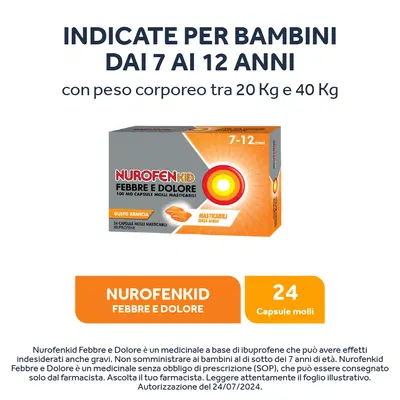 NUROFENKID FEBBRE E DOLORE 24 capsule molli masticabili 100 mg NUROFENKID FEBBRE E DOLORE 24 capsule molli masticabili 100 mg