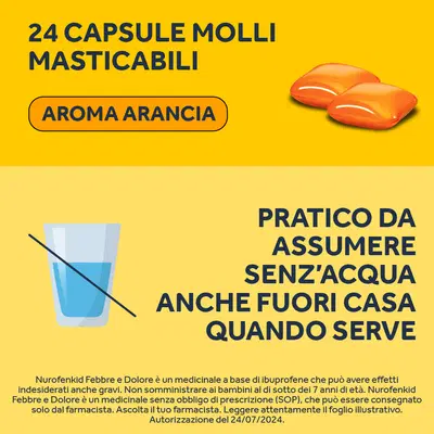 NUROFENKID FEBBRE E DOLORE 24 capsule molli masticabili 100 mg NUROFENKID FEBBRE E DOLORE 24 capsule molli masticabili 100 mg