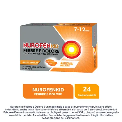NUROFENKID FEBBRE E DOLORE 24 capsule molli masticabili 100 mg NUROFENKID FEBBRE E DOLORE 24 capsule molli masticabili 100 mg