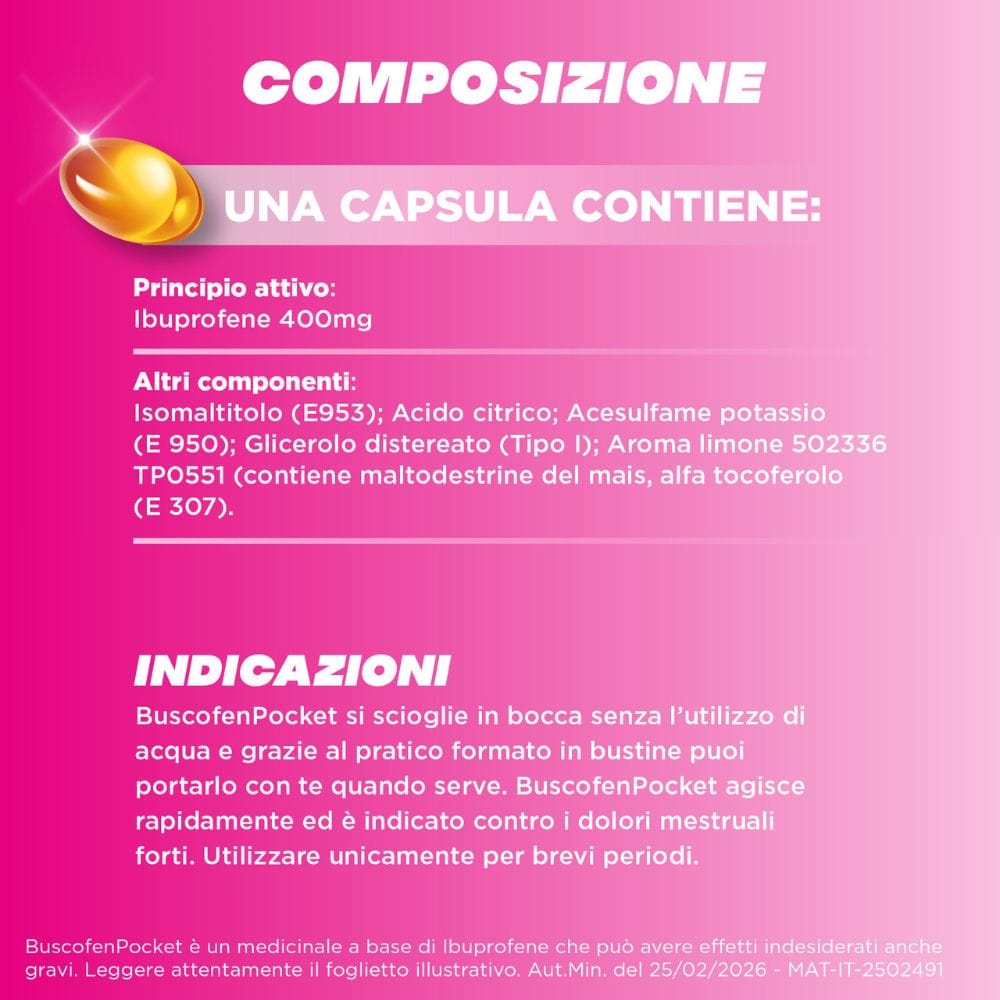 BuscofenPocket 10 bustine, ibuprofene contro dolori forti da ciclo