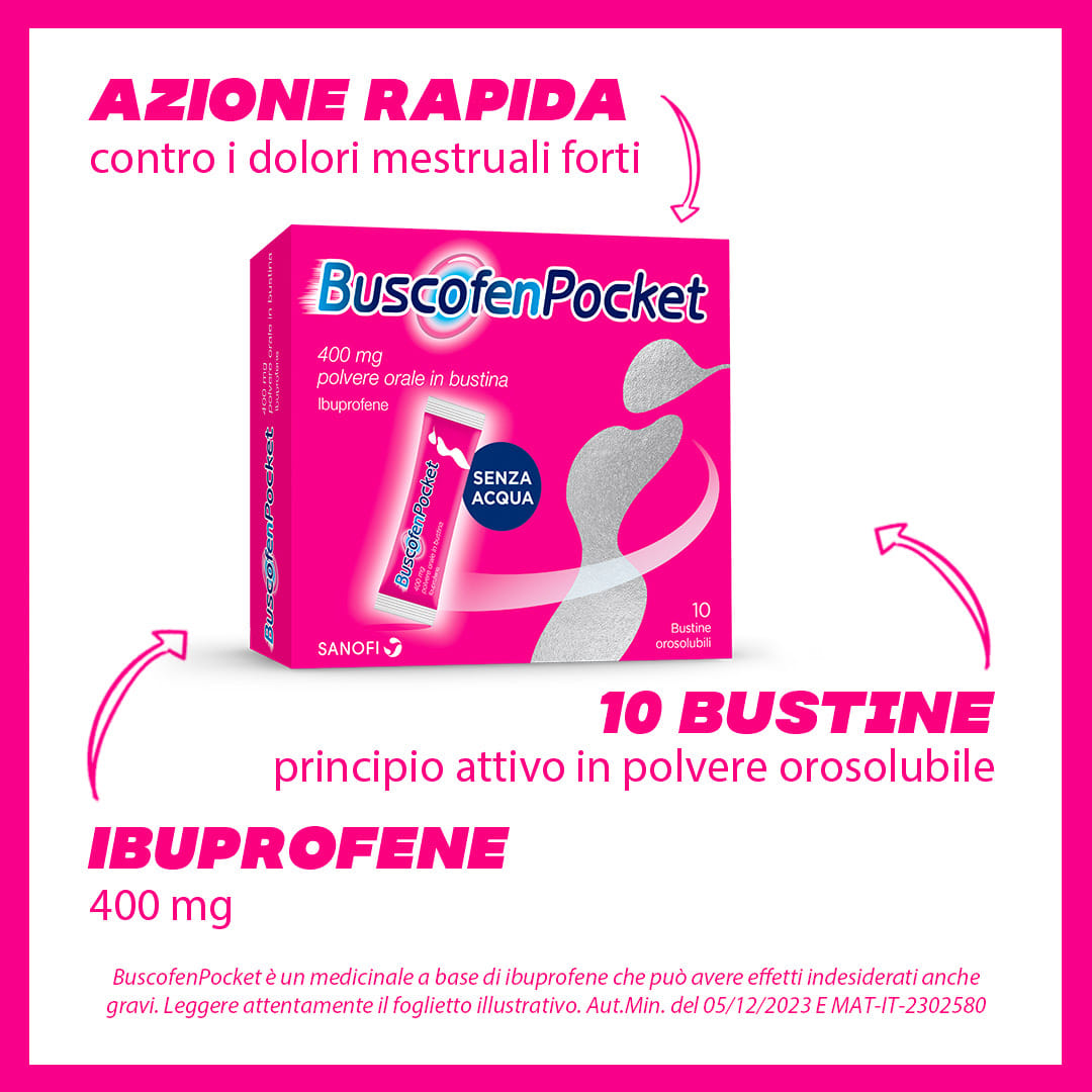 BuscofenPocket 10 bustine, ibuprofene contro dolori forti da ciclo