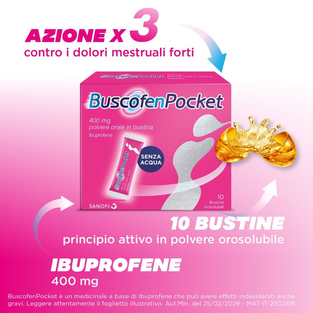 BuscofenPocket 10 bustine, ibuprofene contro dolori forti da ciclo